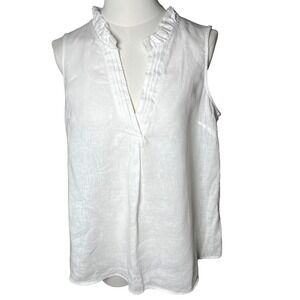 Tommy Bahama White Linen Ruffle V Neck Sleeveless Blouse Minimal Chic Petite S